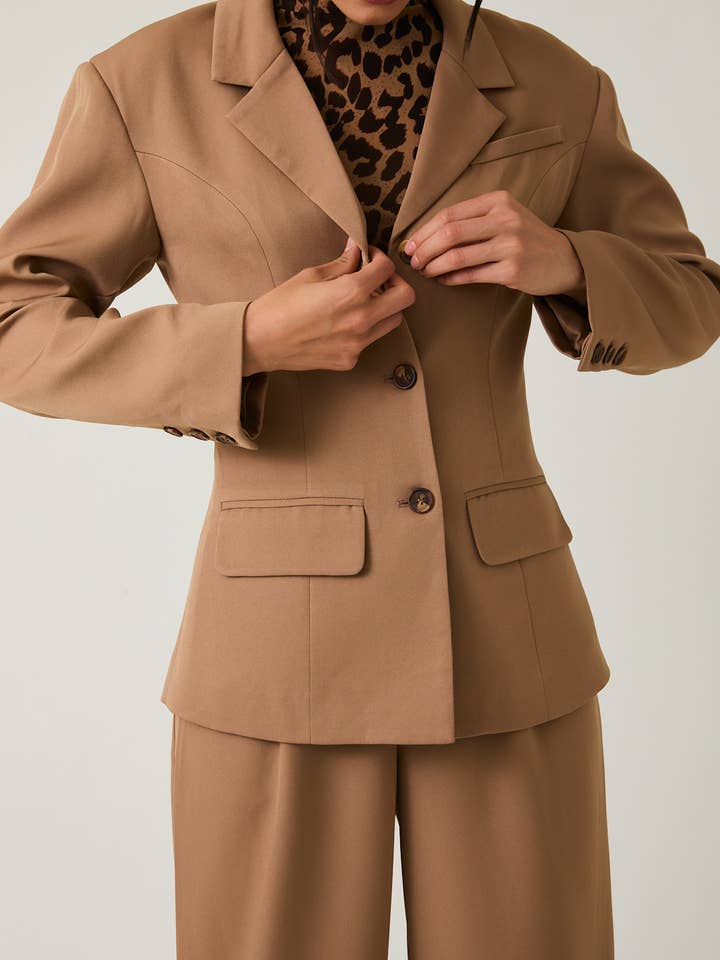 TAUPE STRUCTURED SHOULDER FIT & FLARE BLAZER for wholesale on Faire14