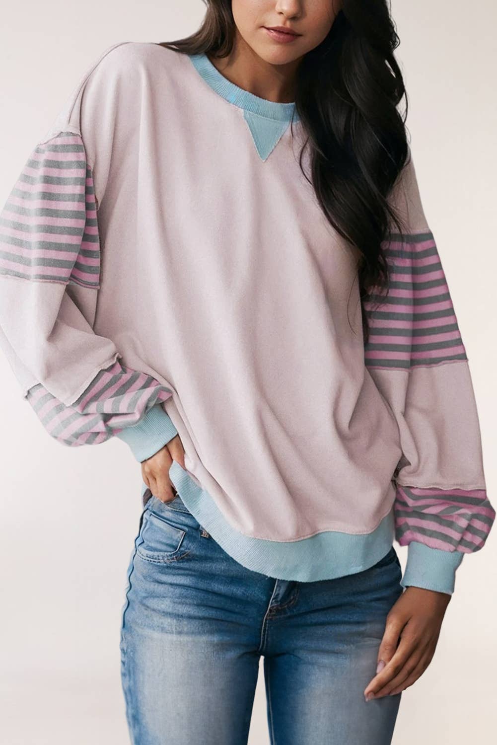 LA Society - Wholesale Sweatshirt - Women's - Striped Colorblock Patchwork Drop Shoulder Sweatshirt2