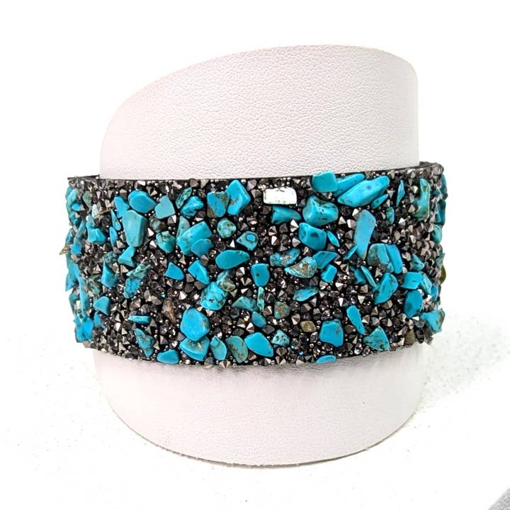 Magnetic cuff bracelet with reconstituted turquoise chips for wholesale by Tempest Designs