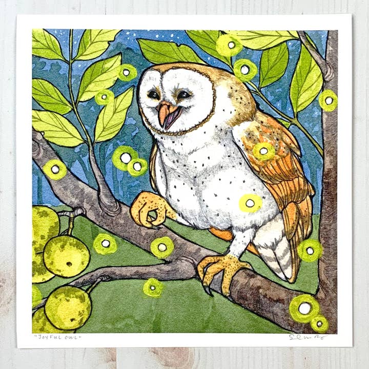 Joyful Owl - 8x8" Archival Print for wholesale by Sarah Draws Things