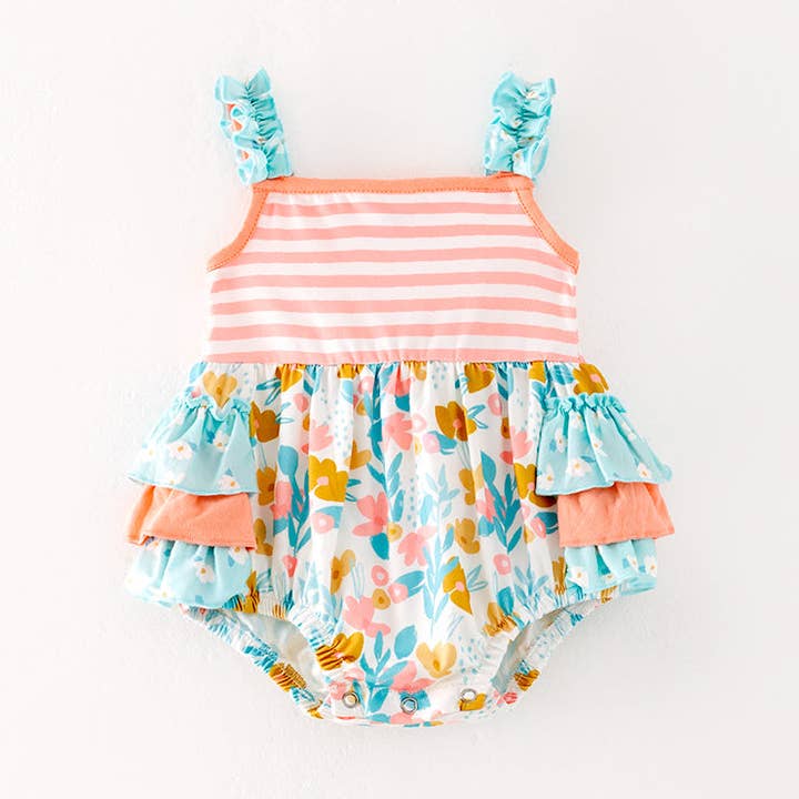Baby Kids Summer Coral Mint Floral Ruffled Bubbles Romper for wholesale by Auraquise