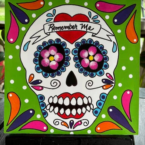 10x10 Calavera Remember Me 10x10 Calavera Dia de los Muertos Recuerdame Mexican Folk art print for wholesale by Karen’s Cositas