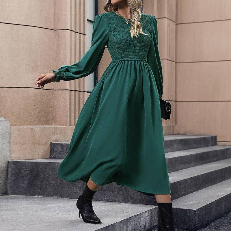 DEEP GREEN Solid Color Lantern Sleeve Waist Long Dress for wholesale on Faire5