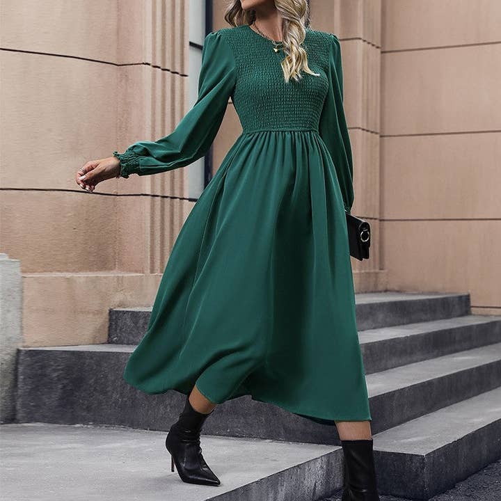 DEEP GREEN Solid Color Lantern Sleeve Waist Long Dress for wholesale on Faire5