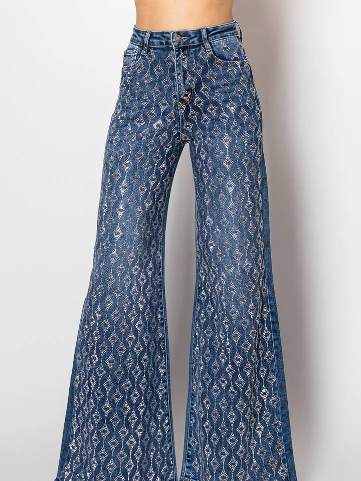 Nina Rossi Jeans - Wholesale Jeans - Women's - D25-4-A - Embellished wide leg medium blue denim jeans