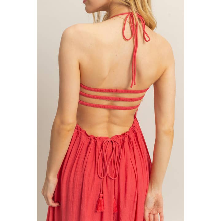 HYFVE - Vendita all'ingrosso Vestito - Donna - Abito lungo con corpetto arricciato a collo all'americana e orlo a balze HF25E055