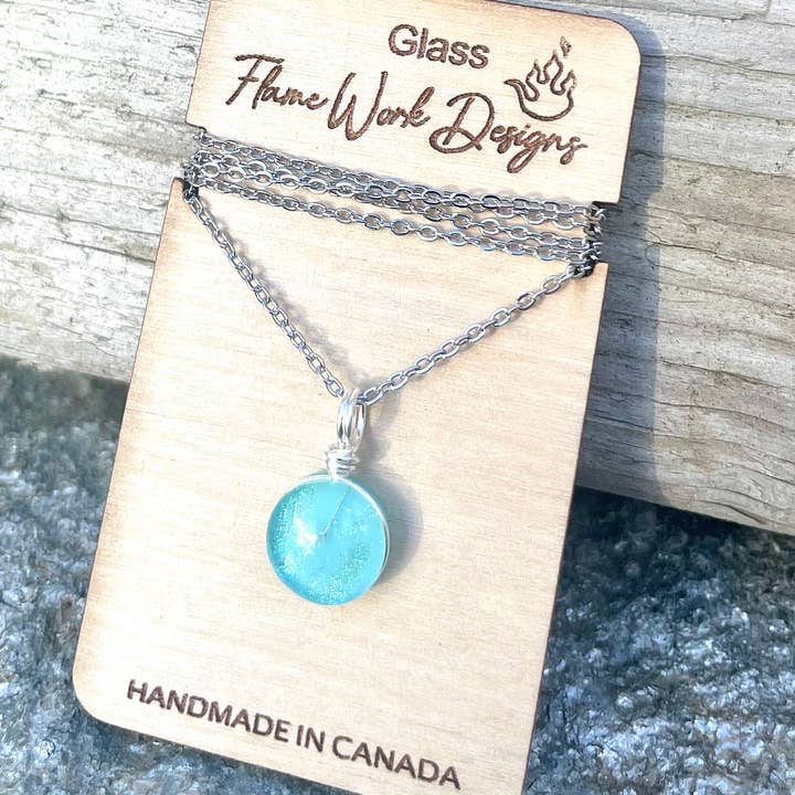 Flame Work Designs - Glass Jewelry – wholesale Pendant/charm necklace – Round Dichroic Glass Pendant - Light Blue