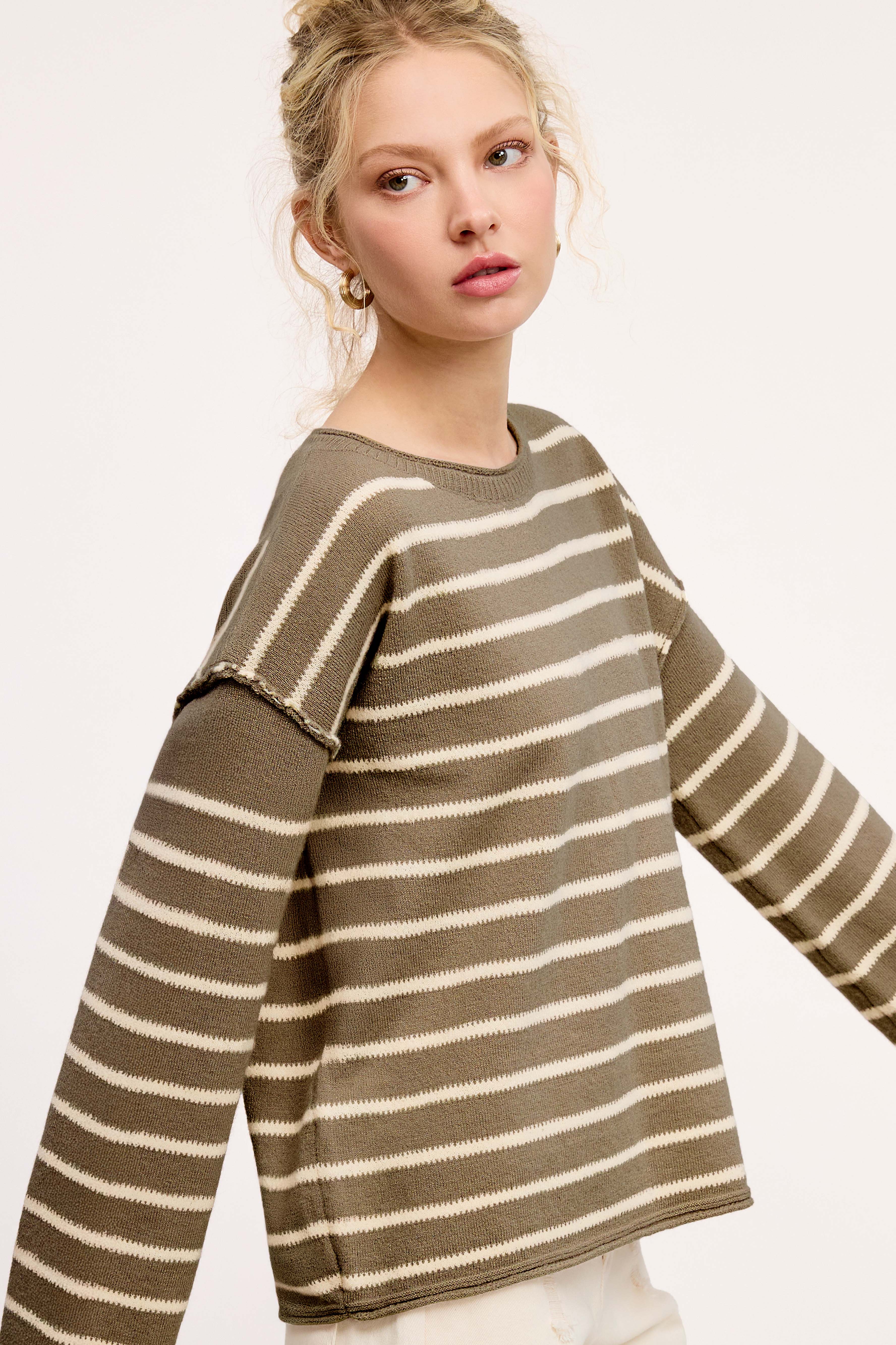 La Miel - Wholesale Knit Sweater - Women's - MCS3588-Striped Round Neck Loose Fit Long Sleeve Sweater17