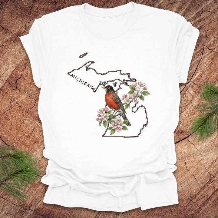 Wandering Owl Adventure Co. - Wholesale Screen Printed T-Shirt - Women's - Michigan Robin and Apple Blossom Tee