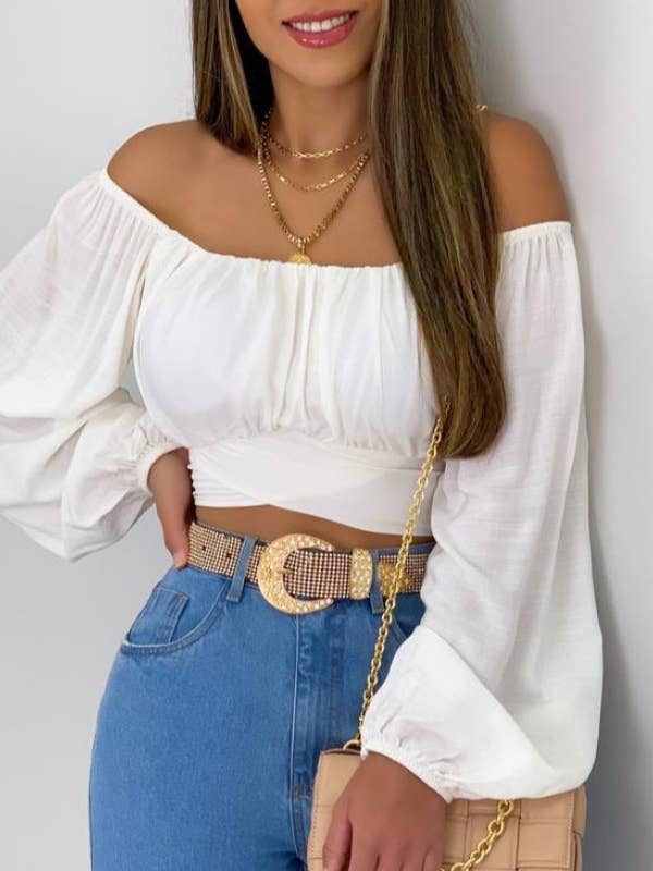 HIDDENBRAND - Wholesale Blouse - Women's - Crop Top Balloon Sleeve Straight-Neck Shirt