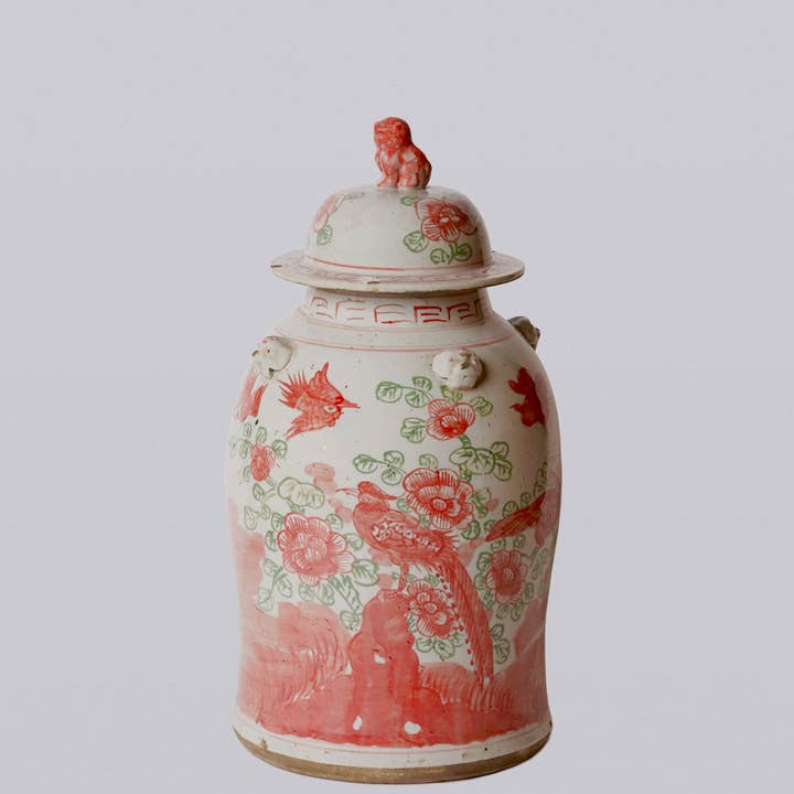 Cobalt Guild – wholesale Decorative jar – Pink and Green Porcelain Bird and Flower Temple Jar