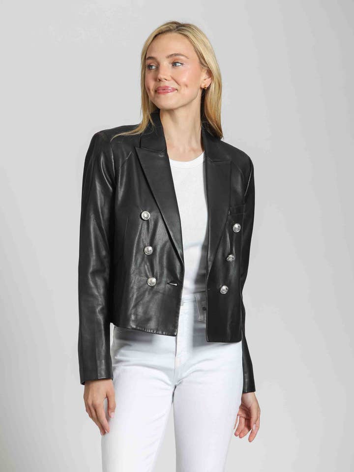 Double Breasted Cropped Jacket With Crest Buttons - Black for wholesale by 11Uptown