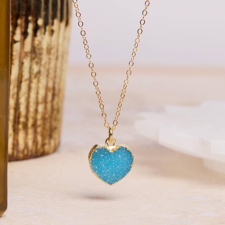 Druzy Blue Heart Pendant Necklace on 14k Gold Filled Delicate Adjustable Cable Chain for wholesale by Soul & Little Rose