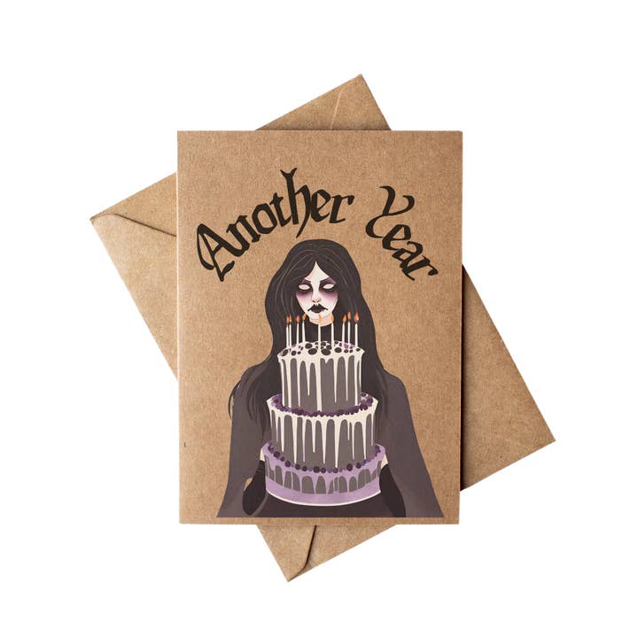 Goth Girl Witchy Sarcastic Kraft Paper Happy Birthday Card for wholesale by Cryptic Paper Co.