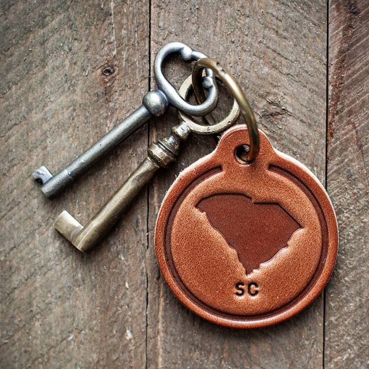 South Carolina State Silhouette Lädernyckelring Cirkel för wholesale av Sugarhouse Leather