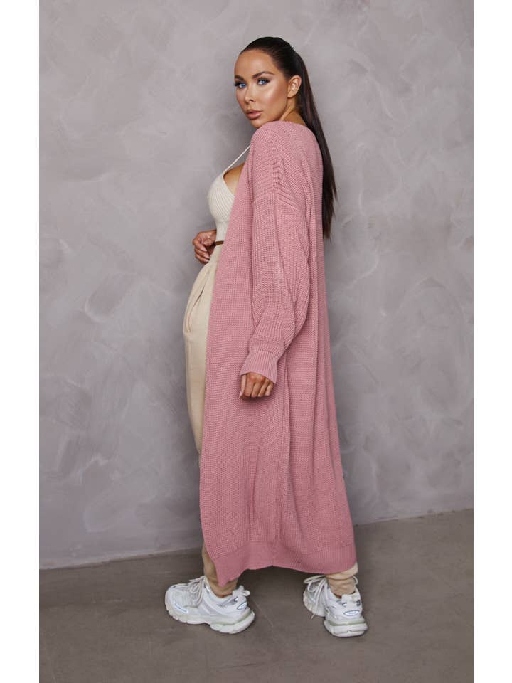 Femme Luxe - Wholesale Cardigan - Women's - Rose Knitted Long Puff Sleeve Midi Longline Cardigan - Poppy