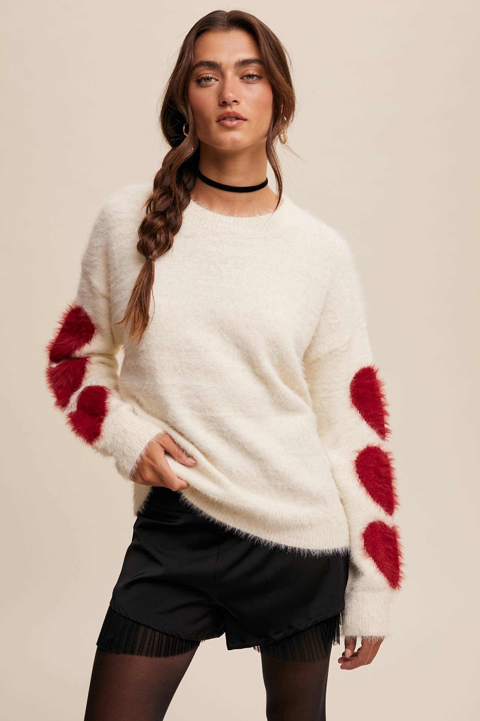 Listicle - Wholesale Knit Sweater - Women's - Fuzzy Heart-Sleeve Pullover Sweater LSW087226