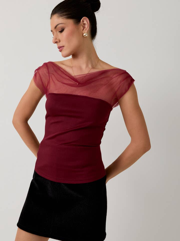 Sunday Edition - Wholesale Blouse - Women's - MESH & PONTI MIX DRAPE TOP21