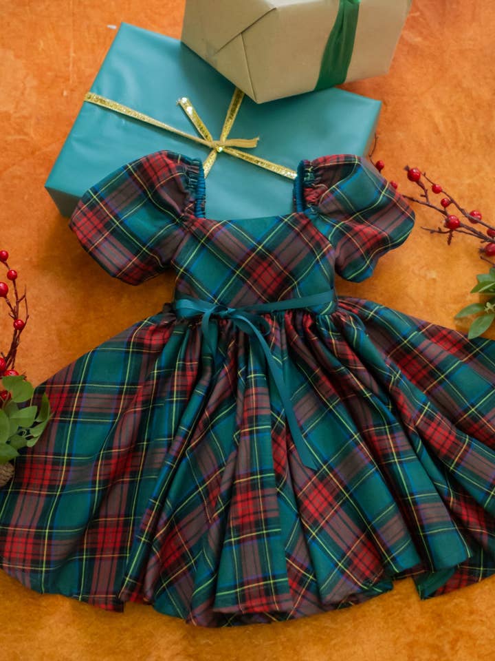 Handmade Puff Sleeve Dress- Green & Red Plaid for wholesale by Little Grey