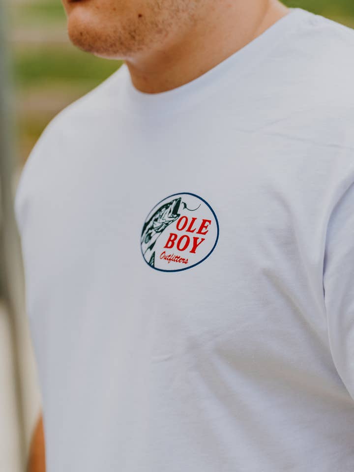 White OLE BOY Lured in Bass T-Shirt for wholesale on Faire