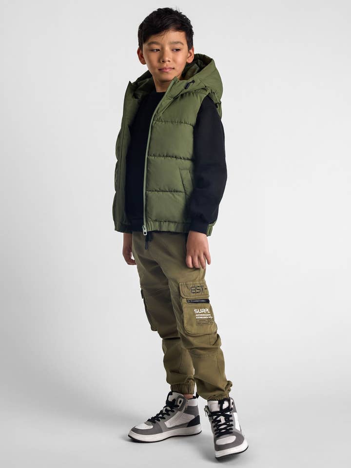 Boys Padded Gilet Olive Green Quilted Hooded Vest for wholesale by Minoti sp. z o.o.