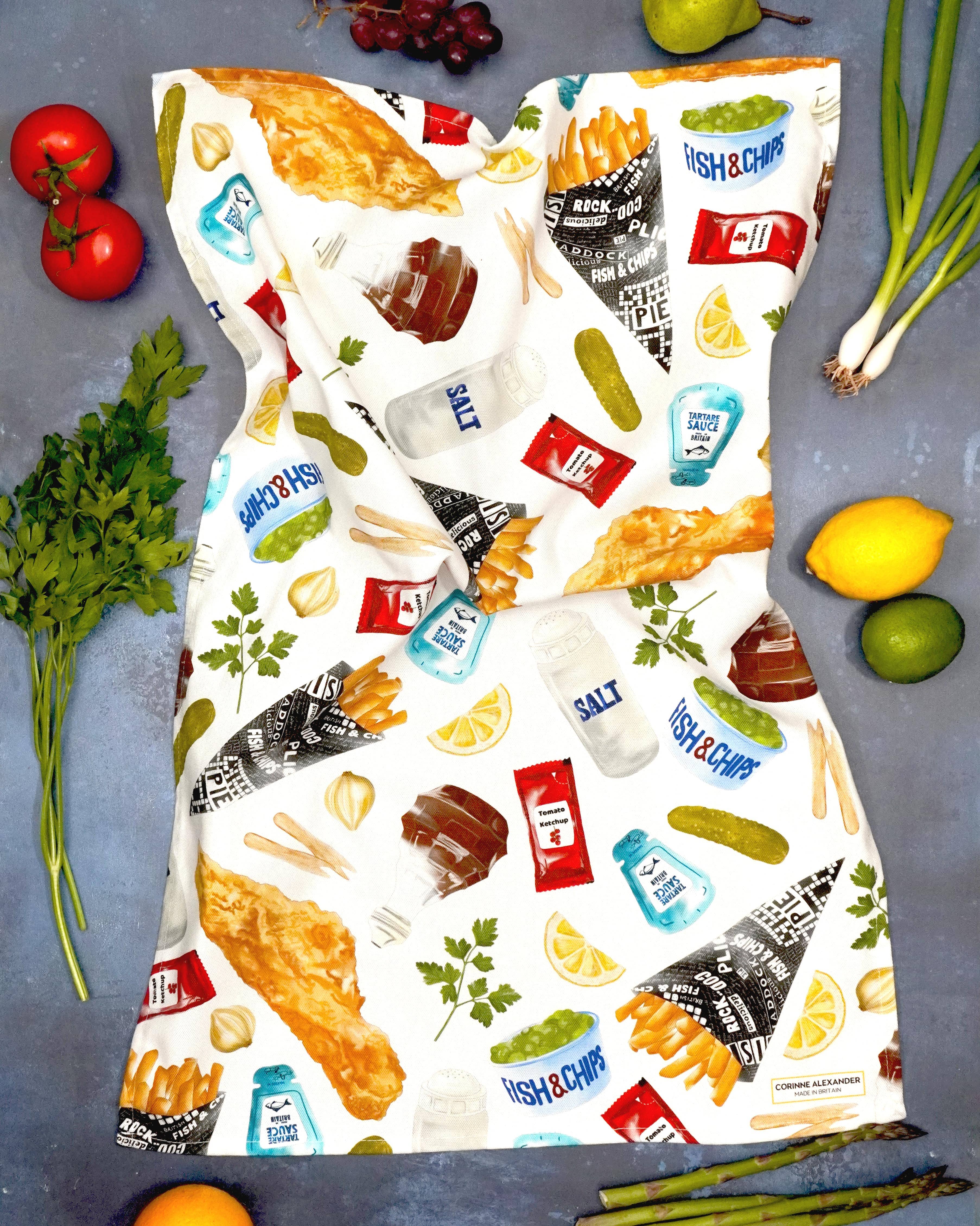 Corinne Alexander – wholesale Tea towel – Fish & Chip Tea Towel - 100% Cotton - Novelty Kitchen Towel5
