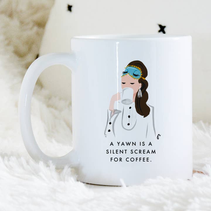 Audrey Hepburn Breakfast at Tiffany's Yawn Mug for wholesale by Jennifer Vallez
