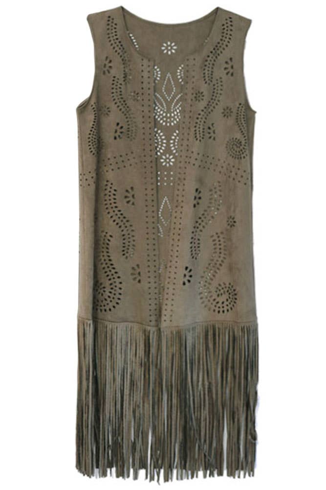 Hana - Venta al por mayor Chaleco de abrigo - Mujer - Chaleco de gamuza cortado con láser con estampado de hojas geométricas11