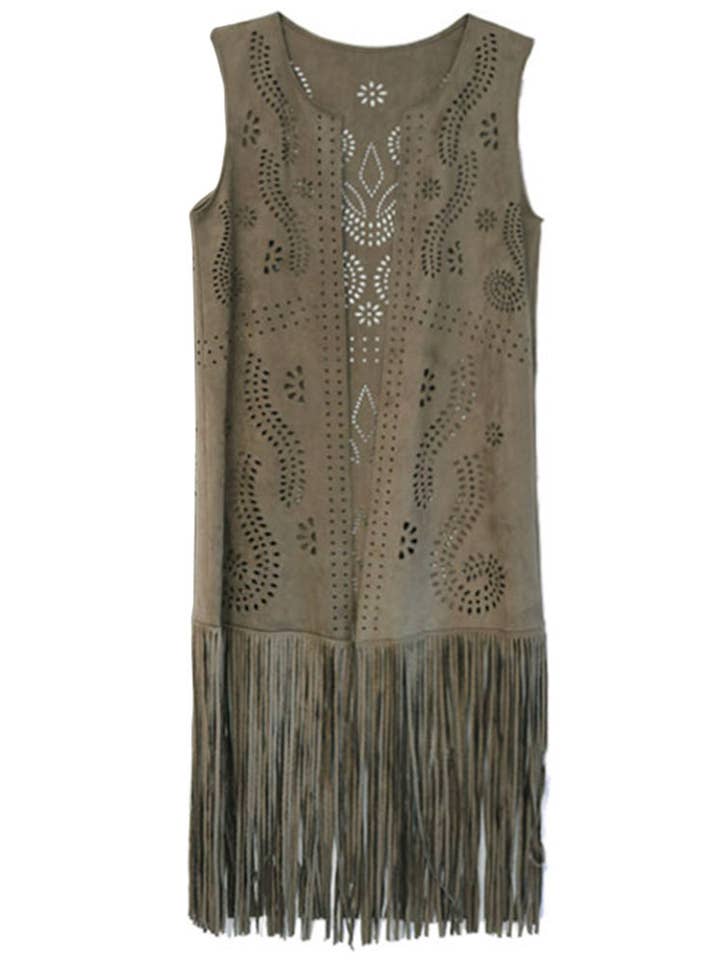 Hana - Venta al por mayor Chaleco de abrigo - Mujer - Chaleco de gamuza cortado con láser con estampado de hojas geométricas11