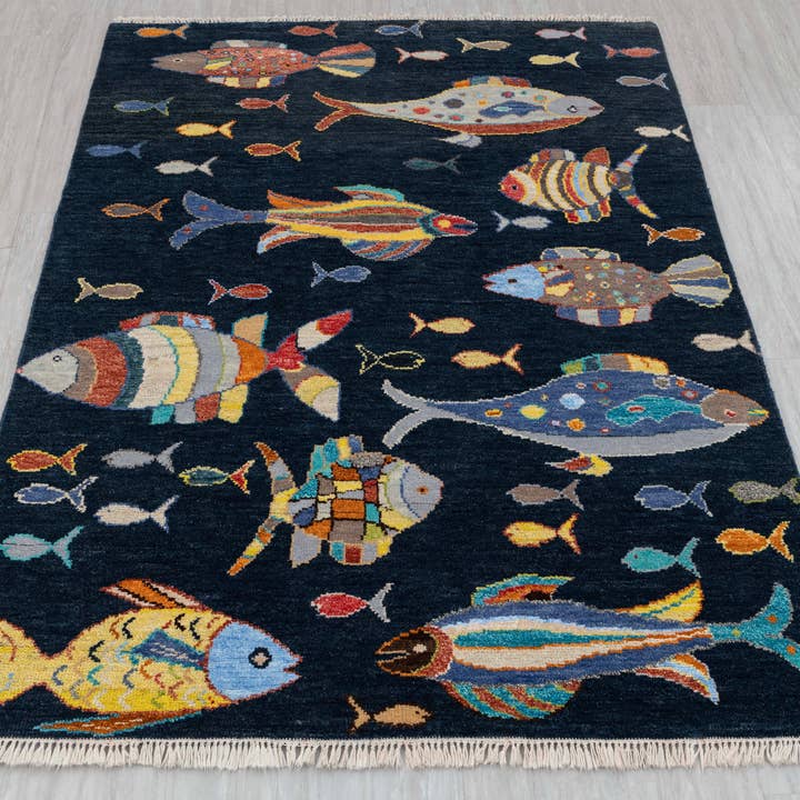 Aesthetic Homes LLC - Wholesale Area rug – Kids & Baby - 5x7 Navy Blue Wool Kids Rug with Fish Design 38332