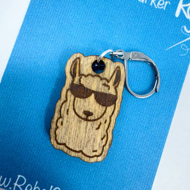 Art by Erica H & Rebel Stitchers - Wholesale Knitting/Crochet Supplies - Handmade Wooden Alpaca Wearing Sunglasses Stitch Marker3