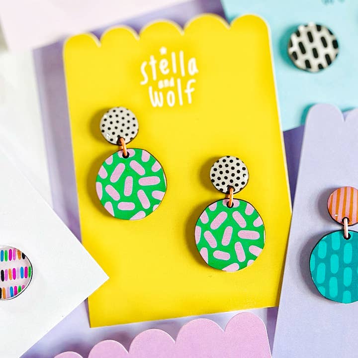 Green dash and polka dot retro drop earrings for wholesale by Stella and Wolf