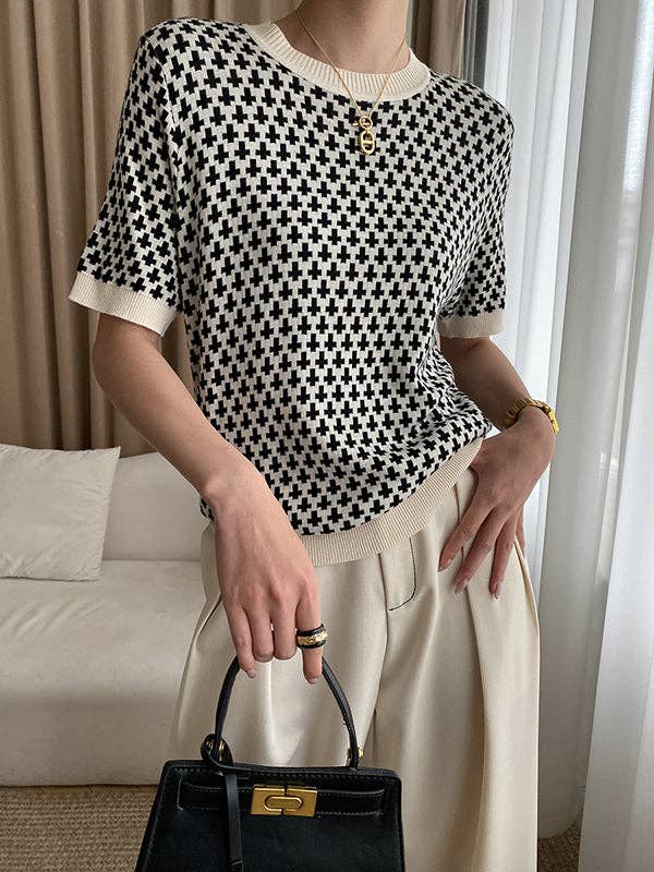 BLACK Half Sleeves Houndstooth Round-Neck Sweater Tops for wholesale on Faire