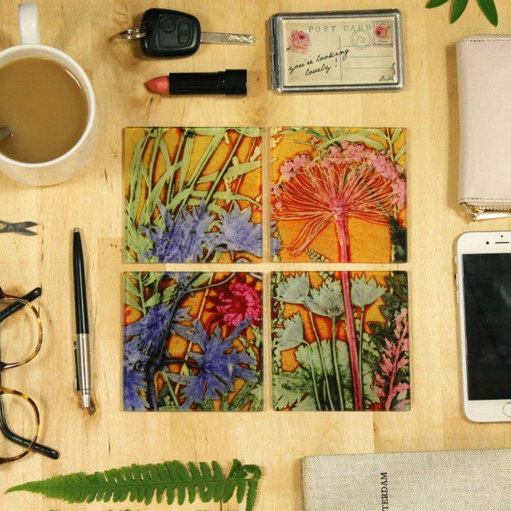 Tropical Sunshine | Pink & Yellow Set of Glass Coasters for wholesale by Gillian Arnold