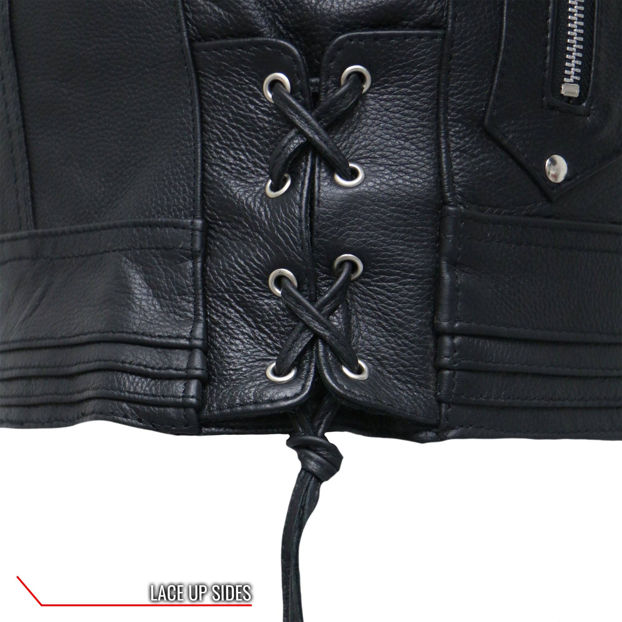 NEGRO Chaqueta motera de piel Hot Leathers JKL1025, estilo moto, mangas con cordones, para mujer de venta al por mayor en Faire15