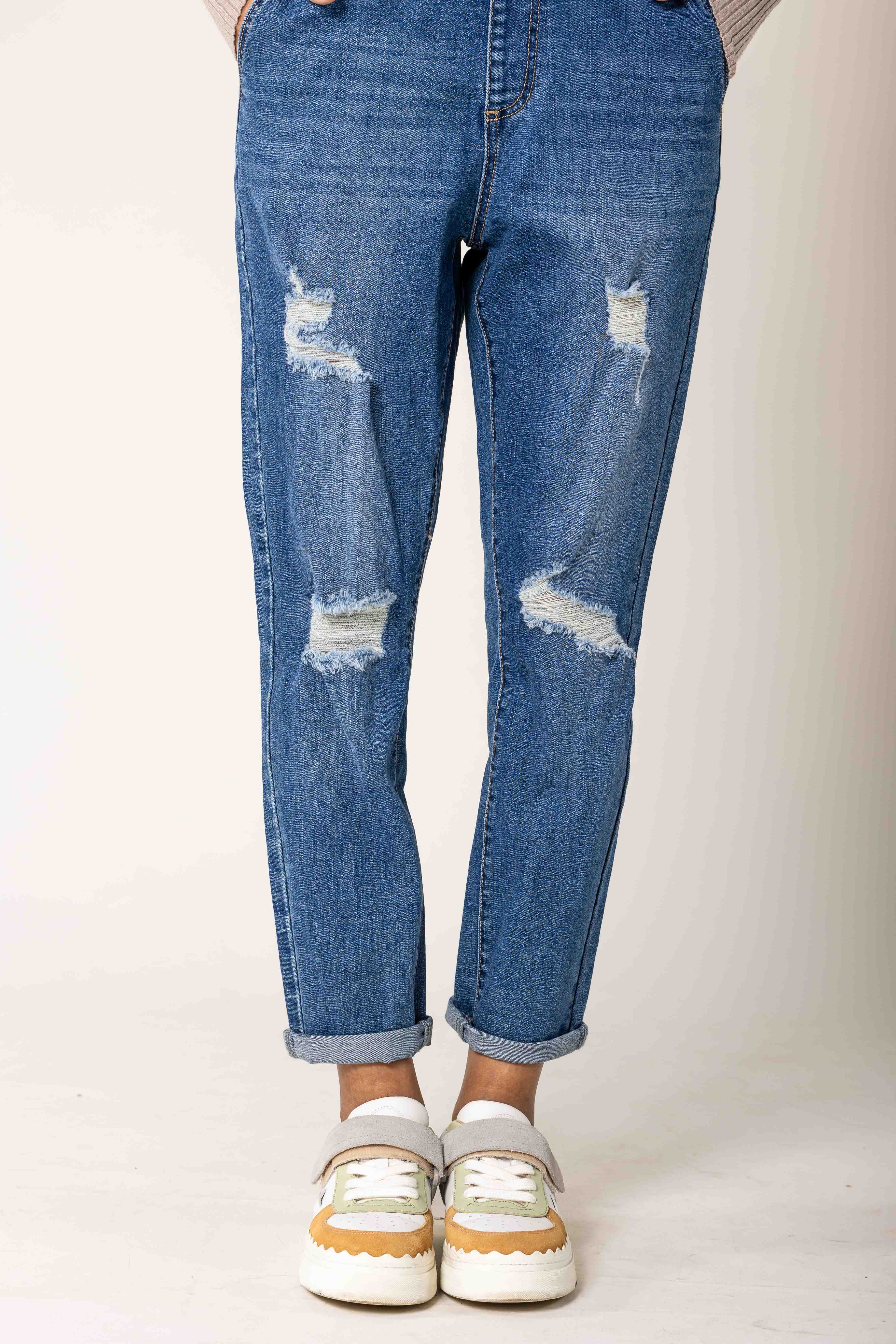 Nina Carter - Wholesale Overalls - Women's - Destroy denim overalls in wide stretch boyfriend jeans S53516