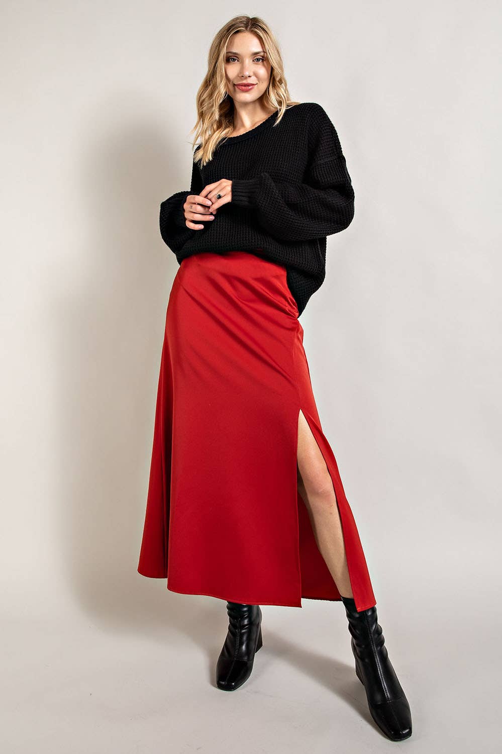 FSL Apparel - Wholesale Skirt - Women's - IS8028 - SATIN FLARED SKIRTS WITH SIDE SLIT0