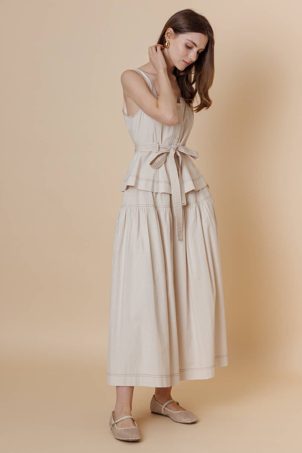 A & SHE - Wholesale T-Shirt - Women's - Square Neck Button Down Contrast Stitch Belted Top6