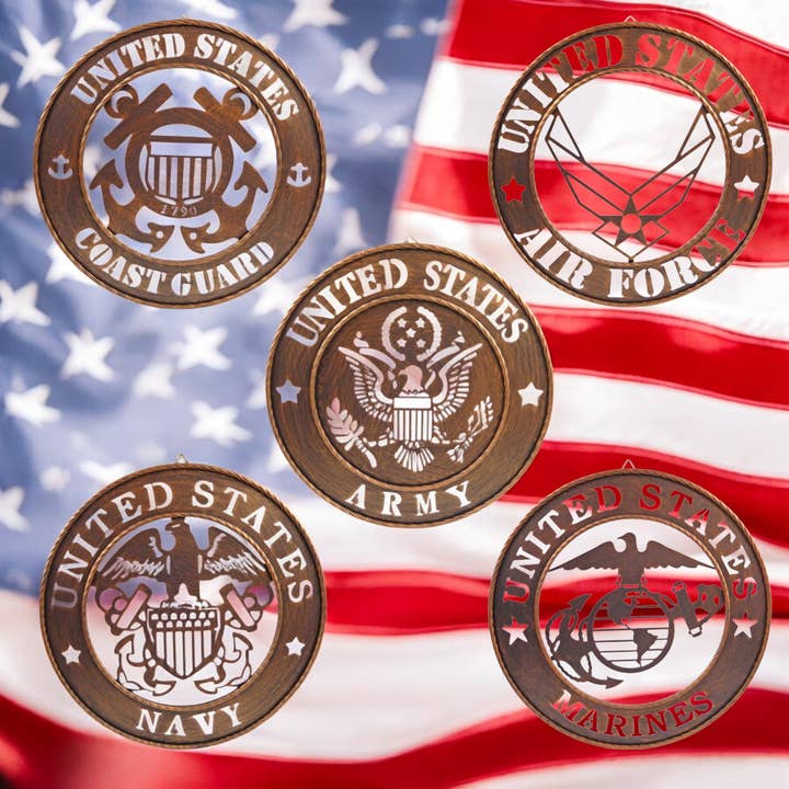 United States Military Laser Cut Wall Decor All Branches, 17.5 inch for wholesale by Iron & Blossom
