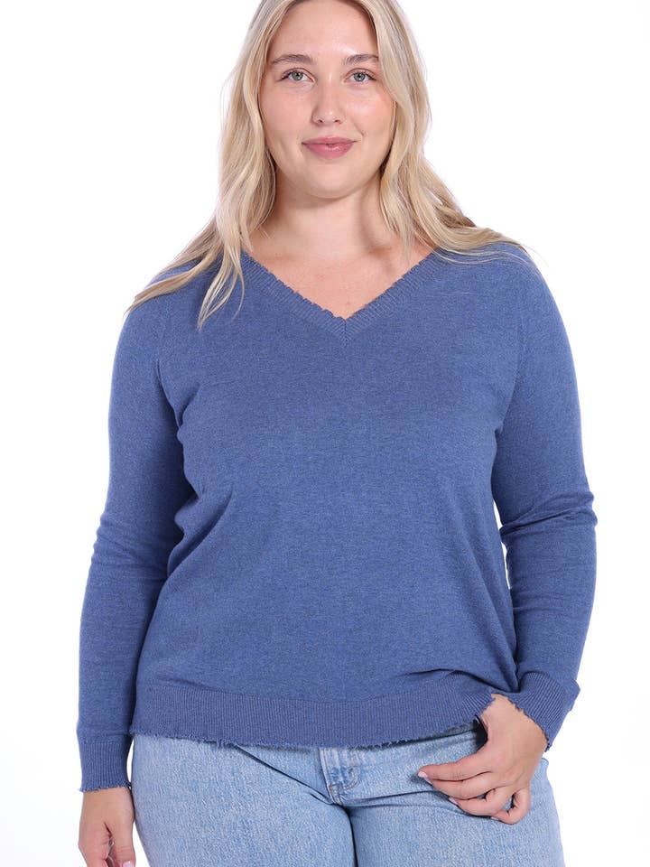 Plus Size Cotton Cashmere Distressed Long Sleeve V-Neck Sweater for wholesale by Minnie Rose