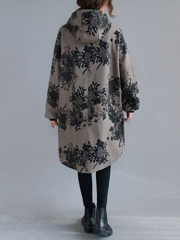 SAME AS PICTURE Artistic Retro Loose Floral Printed Hooded Long Sleeves Outwear for wholesale on Faire8