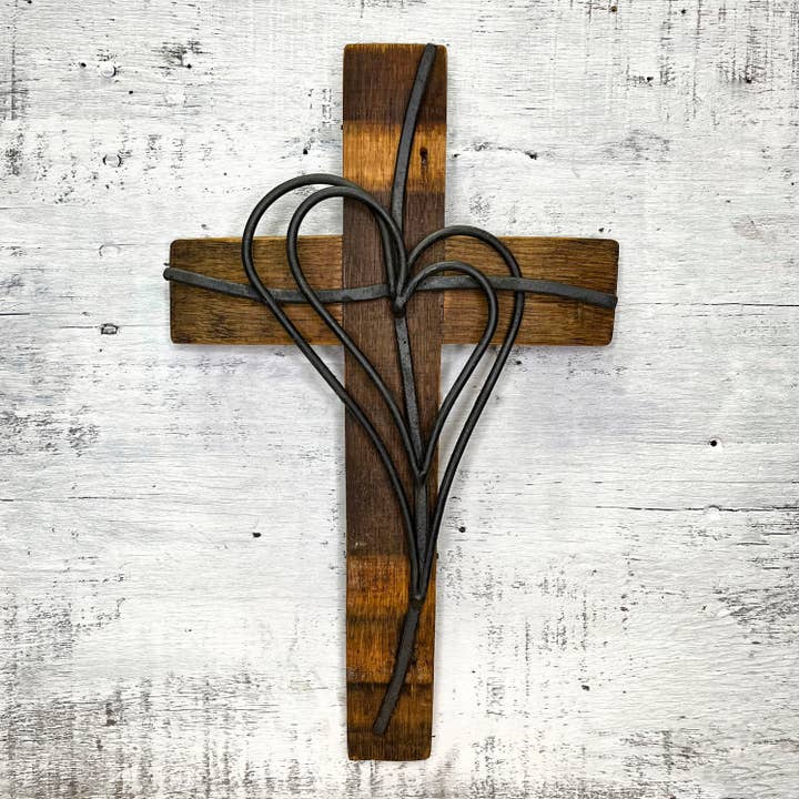 14" Double Heart Wine Barrel Cross for wholesale by Barrel Werks