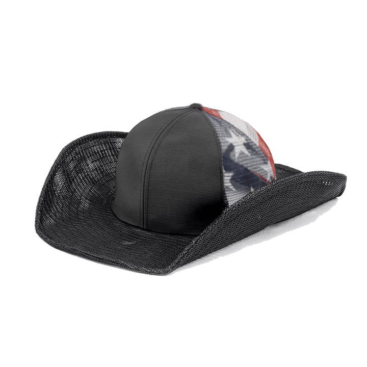 Cowboy Snapback - Wholesale Cowboy Hat - Unisex - BLACK USA MESH COWBOY SNAPBACK: 6 PANEL - BLANK