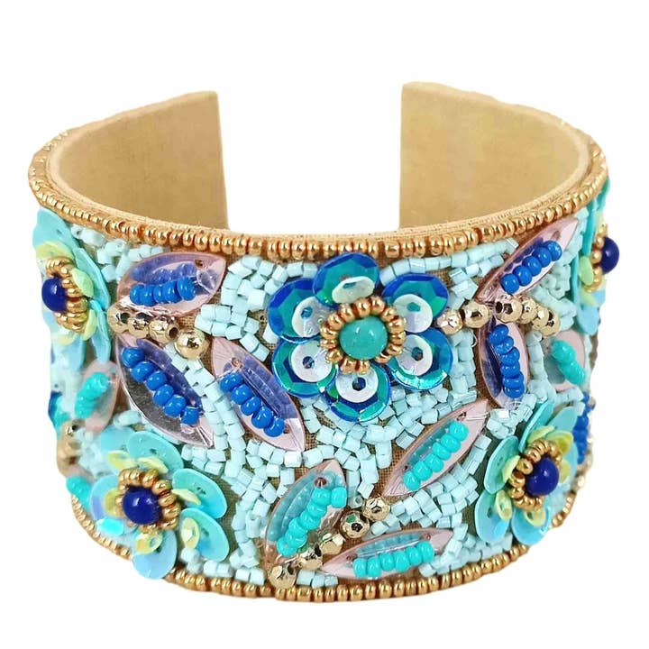 Status Collections - Wholesale Cuff bracelet - Blue Beaded Floral Cuff Bracel0