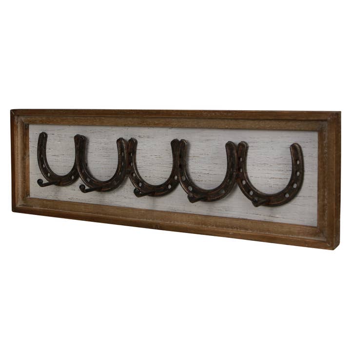 Cheungs Home Decor - Wholesale Wall Hook - Rustic Wood Frame Wall Rack with 5 Cast Iron Horseshoe Hooks2