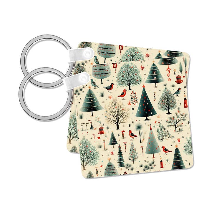 3dRose, A whimsical Christmas pattern with birds and vintage Christmas trees. , Key Chain for wholesale by 3dRose
