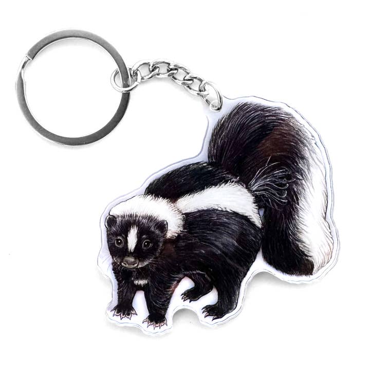 Striped Skunk Double-Sided Acrylic Keychain for wholesale by Allison Stoiser Art