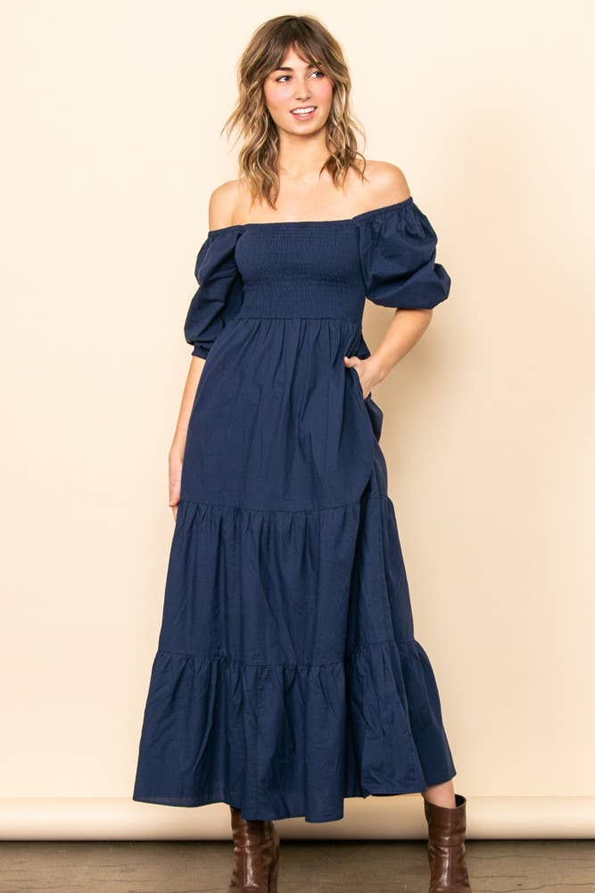 Elloh Collection - Wholesale Dress - Women's - On Off Shoulder Half Sleeve Cotton Smocked Tiered Maxi Dress2
