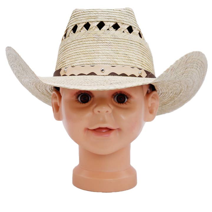 Cap Zone - Wholesale Cowboy Hat - Kids - Kids Biggs Crown Palm Leaf Straw Cowboy Hat