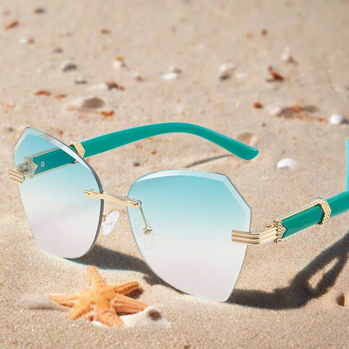 Rahmenlose Sonnenbrille in Farbe mit Besatz für den Großhandel von WoodWristCo